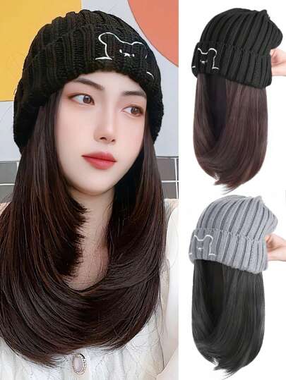 Women's Synthetic Hat Wig All-In-One Fashion Fall And Winter Bear Knitted Cap Locks Hair 18 Inches Black Suitable For Women's Daily Wear
