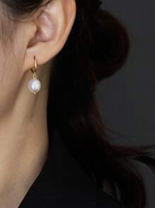 1 Pair S925 Sterling Silver Earrings With Natural Freshwater Pearl Drop, Golden, Elegant & Fashionable, Suitable For Women To Wear Daily As Delicate Gifts