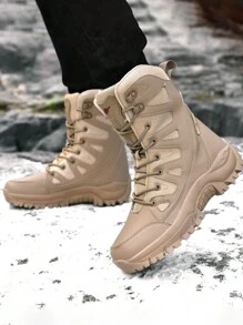 Plus Size Men's Winter Combat Boots, Outdoor Warm Snow Boots, Couple's High-Top Hiking Boots - Brown - View 3