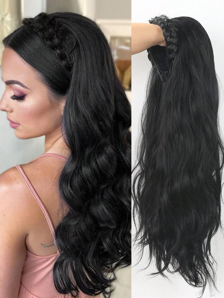 Black Synthetic Hair Band With Long Wavy Extensions And Twisted Braids, Natural Semi-Wild Style Hair Accessory - Black - View 1