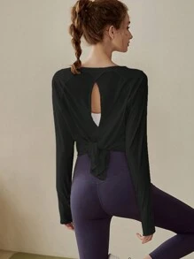 1 件女式瑜伽上衣半透明纯色长袖健身罩衫，春/秋