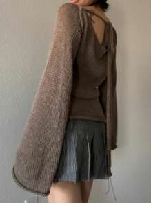 Women's Tie Back Sweaters Long Sleeve Boat Neck Solid Color Knit Pullover Casual Tops - Brown - View 3