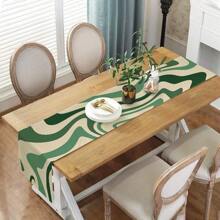 Vintage Minimalist Abstract Wave Swirl Table Cloth, Green & Beige, Suitable For Dining Table, Vanity Table, Runner, Farmhouse Style For Dinner Party, Holiday Home Decor
