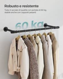 SONGMICS Barra Appendiabiti da Parete, Set da 2, Tubo Attaccapanni da Muro, Stile Industriale, Salvaspazio, Portata di 60 kg, Facile da Montare, Acciaio, Nero