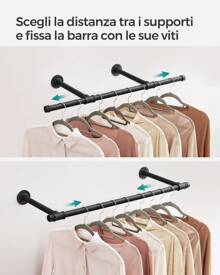 SONGMICS Barra Appendiabiti da Parete, Set da 2, Tubo Attaccapanni da Muro, Stile Industriale, Salvaspazio, Portata di 60 kg, Facile da Montare, Acciaio, Nero