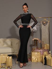 Nuevo vestido largo ajustado de manga larga con parches de malla y decoración de perlas, elegante para invitados de boda, fiesta, cumpleaños, vestido de gala formal para Eid Al Fitr