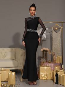 Nuevo vestido largo ajustado de manga larga con parches de malla y decoración de perlas, elegante para invitados de boda, fiesta, cumpleaños, vestido de gala formal para Eid Al Fitr