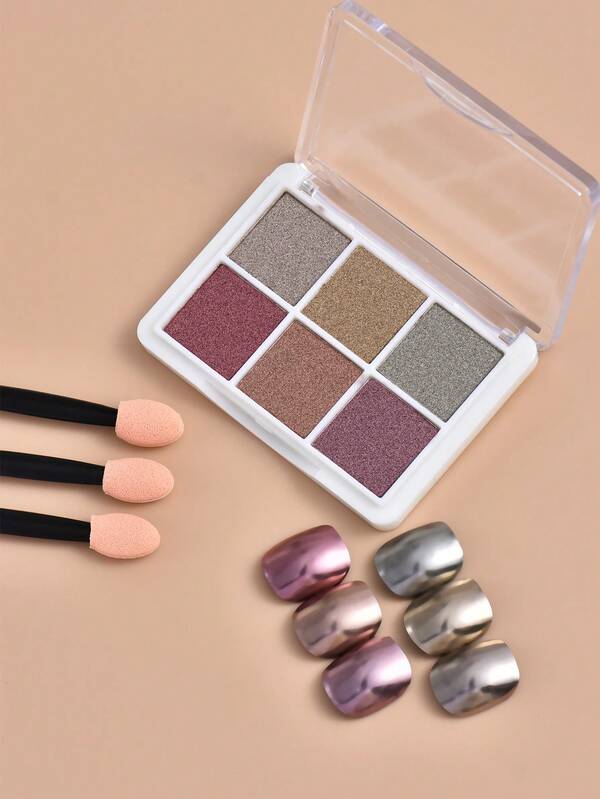 A Box Of Six-Color Nail Art Magic Mirror Powder, Super Bright Mirror Powder, Metal Three-Dimensional Edge Powder, With Three Sponge Sticks, For DIY Nail.