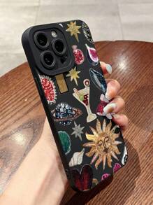 1pc Splicing Printed Eye Pattern Black Shockproof Anti-Fingerprint Phone Case Compatible With IPhone