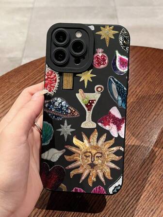 1pc Splicing Printed Eye Pattern Black Shockproof Anti-Fingerprint Phone Case Compatible With IPhone