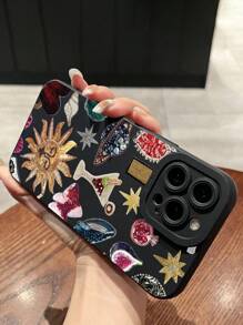 1pc Splicing Printed Eye Pattern Black Shockproof Anti-Fingerprint Phone Case Compatible With IPhone