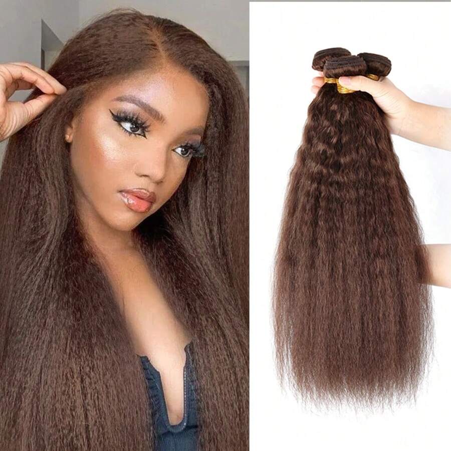 Light Brown Kinky Straight Hair Bundles 4# Brown Colored Human Hair Bundles Yaki Straight Human Hair Bundles #4 Hair Extensions - Light Brown - View 1