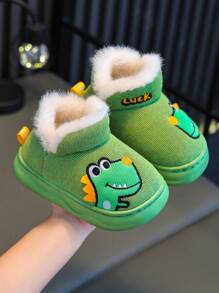 Kids Cartoon Dinosaur Slippers, Warm & Thick, Anti-Slip Soft-Sole Indoor/Outdoor Plush Shoes For Boys And Girls, Winter - Green - View 7