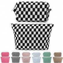 2 pezzi Borsa porta trucchi grande in tela a quadri, borsa da toilette per viaggio con grande capacità, accessori estetici per organizzare pennelli trucco, borsa per lo stoccaggio per donne, mix a quadri verde