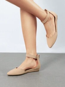 Women's Closed Pointed Toe Low Wedge Ankle Strap Casual Comfortable Ballet Flats With Back Zipper Design Party Wedding Shoes - Màu be - Xem 5