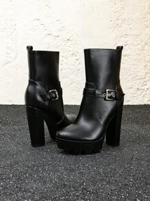 女士粗跟防水台圆头绒面中筒靴，性感黑色秋冬季靴子 - 黑色 - 查看 5