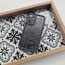1pc Unique Black Cartoon Cute Funny Odd Dark Creative Personalized Cartoon European And American Graffiti Relief Painted Devil Halloween Matte Black Camera Lens Frame Step Design Shockproof Soft Case Compatible With Samsung/Galaxy/OPPO/VIVO//Honor/Realme Phones