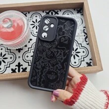 1pc Unique Black Cartoon Cute Funny Odd Dark Creative Personalized Cartoon European And American Graffiti Relief Painted Devil Halloween Matte Black Camera Lens Frame Step Design Shockproof Soft Case Compatible With Samsung/Galaxy/OPPO/VIVO//Honor/Realme Phones