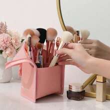 1pc High Capacity Upright Makeup Brush Holder Case, Suitable For Women - Portable And Easy To Use, Storage Box Organizer, Organize, Table Organizer, Organizer, Storage, Bathroom, Jewelry Box, Jewelry Organizer, Jewellery Box, Makeup Organizer, Vanity Organizer, Storage, Boho Vibes,For Holiday Beach, Bathroom Collection, Bedroom Collection, Large Capacity