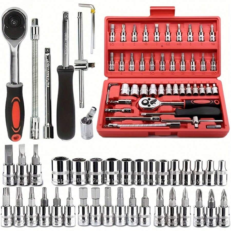 Case Set Ratchet Wrench Set 46 Pieces 1/4'' With Reversible Socket Resistant Stainless Steel - Red - View 1
