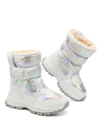1 Pair Kids Reflective Camouflage Suede Fleece Waterproof Anti-Slip Warm Hook And Loop Long Shaft Flat Snow Boots For Snow Play, Travel, Christmas
