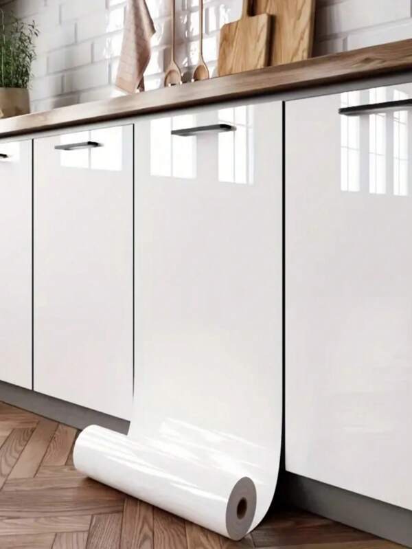 1 Roll White Glossy Contact Wallpaper, Waterproof Oil-Resistant Heat-Resistant Self-Adhesive Glossy Wallpaper, Vinyl Material For Kitchen Cabinets, Tables, Chairs, Walls, Fridge, Bathroom Renovation Decoration Wall Sticker Paper