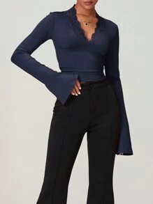 Women's Lace Trim Crop Tops Y2k Long Flare Sleeve Going Out Tops Cute Wrap  Deep V Neck Blouse Tee Shirts - Màu xanh đậm - Xem 5