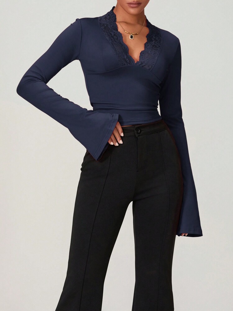 Women's Lace Trim Crop Tops Y2k Long Flare Sleeve Going Out Tops Cute Wrap  Deep V Neck Blouse Tee Shirts - 深藍色 - 查看 5