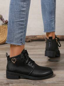 Scarpe da donna con decorazione fibbia a forma di cuore, punta tonda, allacciate, tacco basso, moda primavera/estate/autunno/inverno, perfette per San Valentino - nero - Visualizzare 4