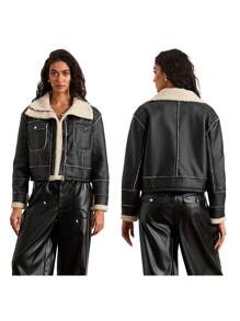 Women Winter Jacket Long Sleeve Zipper Closure Patchwork Warm Outwear With Pockets - Black - View 9