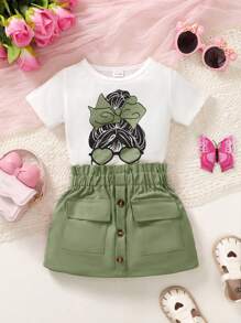 Baby Girl 2pcs/Set Portrait Print T-Shirt & Solid Color Belted Shorts, Casual Minimalist Outfit