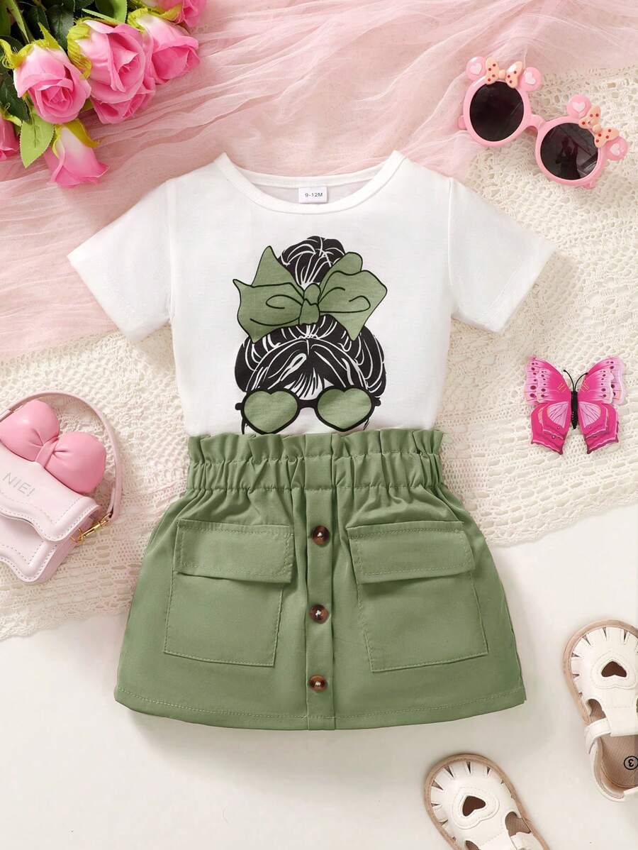 Baby Girl 2pcs/Set Portrait Print T-Shirt & Solid Color Belted Shorts, Casual Minimalist Outfit
