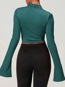 Women's Lace Trim Crop Tops Y2k Long Flare Sleeve Going Out Tops Cute Wrap  Deep V Neck Blouse Tee Shirts - 綠色 - 查看 7