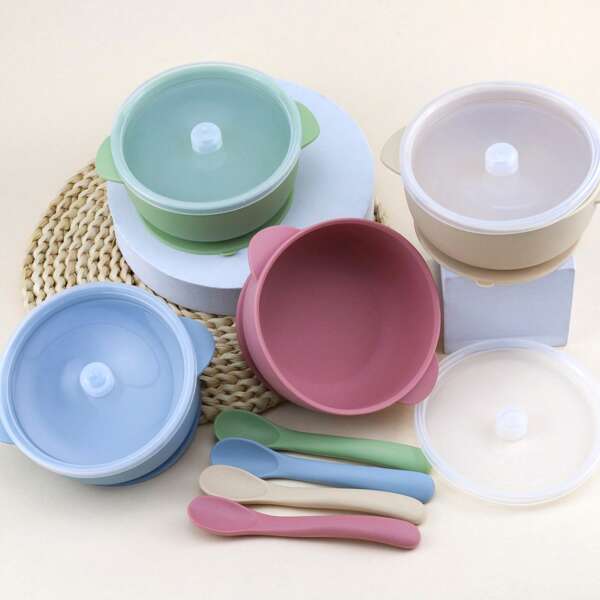 Silicone Baby Tableware, Infant Feeding Bowl With Lid And Silicone Soft Spoon