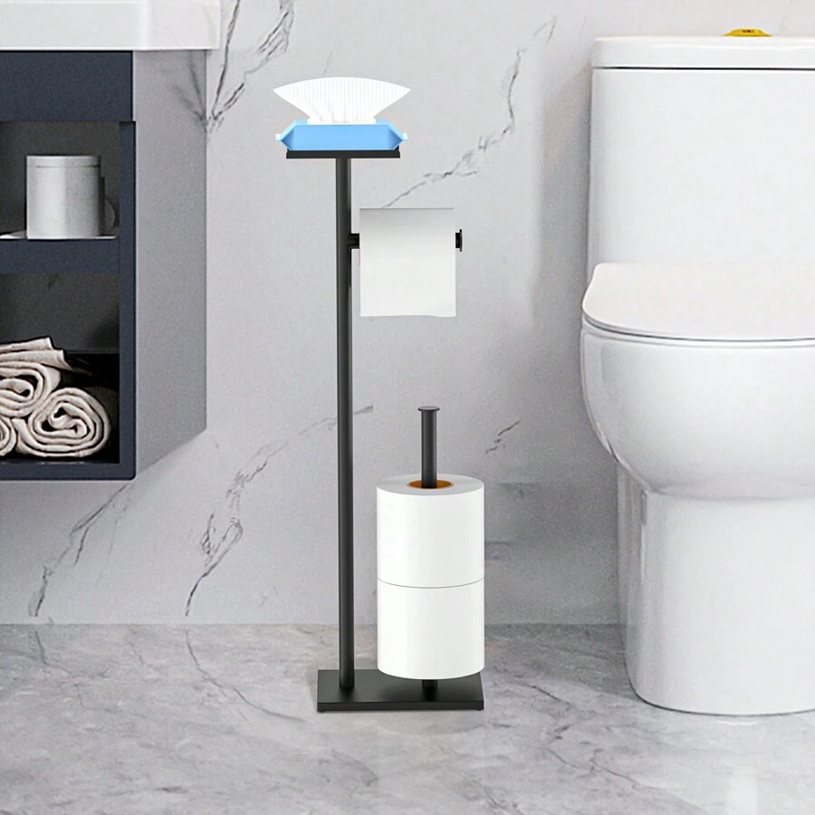 Freistehender Toilettenpapierhalter mit Ablagefläche Oben, schwarzer Toilettenpapierhalterständer, Boden-Klopapierhalter Stehend