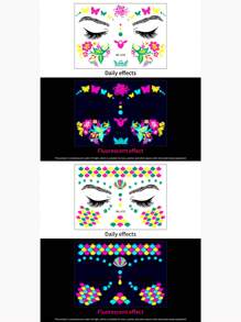 2/3/8pcs, Music Festival Fluorescent Face Tattoo Sticker Set,8 Sheets Temporary Tattoo Stickers, 10.5*15cm/Sheet Waterproof Masquerade Party Neon Glow Tattoo Sticker, Party Decor Supplies, Party Favors, Night Party Supplies, Glow In Dark Party Supplies For DIY Women Girls' Christmas Eve,For Music Festival