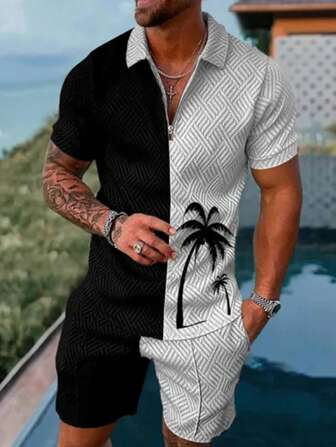 1 套男士运动休闲装，提花拼接椰子树印花夏季 V 领 Polo 衫和百慕大短裤套装