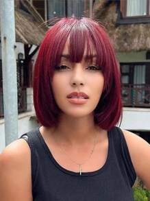 Short Human Hair Bob Wig With Bangs Straight Remy Hair Burgundy Color 99J Wig For Women Daily Use Glueless Non Lace Wig Ware And Go Full Machine Made Wig - S99J - View 6