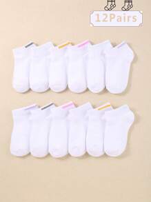 12 双儿童运动短袜，柔软轻便低帮袜春夏纯色短袜船袜 - 彩色 - 查看 1