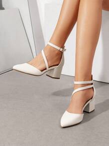 Women's Closed Pointed Toe Low Chunky Heels Pumps Ankle Strap Wedding Business Dressy Shoes - Trắng-PU - Xem 1