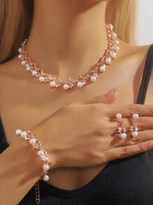 4 件女士优雅时尚首饰套装 - 项链、耳环、手链、合金人造珍珠和水钻镶嵌、项链、手链、耳环、新娘礼服配饰、节日礼物 - 項鍊耳環手鍊套裝 - 查看 16