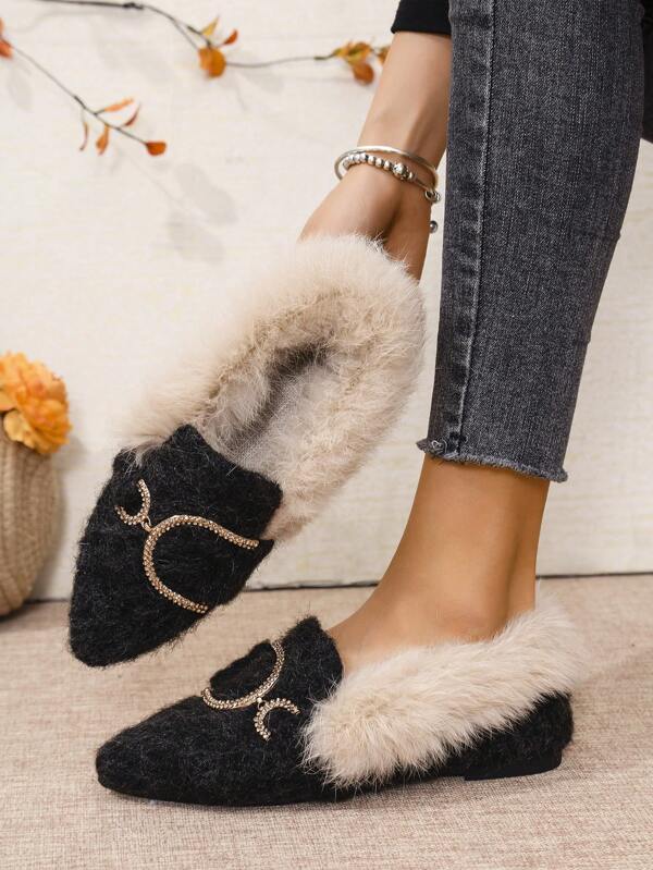 Chaussures plates à la mode et moelleuses, plates-formes décontractées avec doublure en fausse fourrure brune et décoration de nœud papillon, bout pointu avec semelle en caoutchouc pour l'extérieur, l'hiver