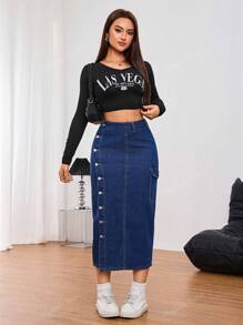 Women's Denim Skirt With Button Pockets And Casual Design