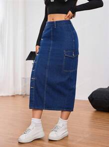 Women's Denim Skirt With Button Pockets And Casual Design