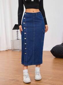Women's Denim Skirt With Button Pockets And Casual Design