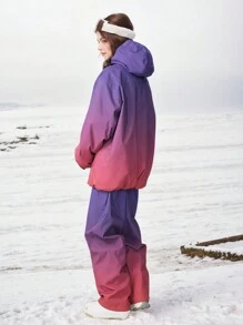 Gradient Ski Suit Set Unisex Oversized 2-Piece, Includes Professional Ski Jacket + Ski Pants, Suitable For Snowboard Resort Outings; Bonded Zipper Placket With Anti-Loss Pockets, Reinforced Structure Windproof And Snowproof, Breathable; High-Value Gradient Colorway Functional Snow Gear, Winter Skiing Sports Universal Couple Skiing Equipment, Suitable For Beginners And Experienced Skiers, Cold-Resistant Outdoor Snow Apparel - Red Violet - View 9