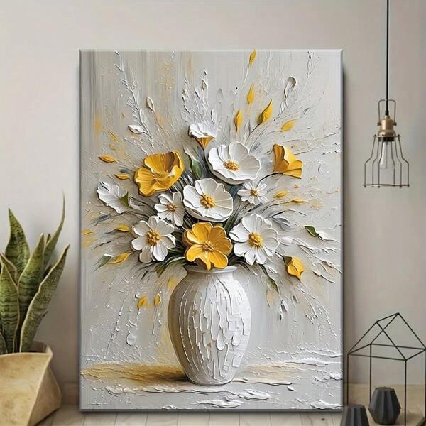 1pc Elegant White & Yellow Floral Canvas Art - 3D Embossed Flower Oil Painting, Framed Wall Decor For Living Room, Bedroom, Office, And More - Perfect Gift For Holidays,Wall Art,Poster Gifts Birthday Graduation