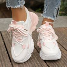 Zapatillas deportivas gruesas para mujer, zapatillas informales con cordones y suela gruesa vulcanizada, versátiles para primavera/otoño, modelos recién llegados en 2025, acolchadas para comodidad, con mayor altura, calientes en verano - Rosa - Ver 2