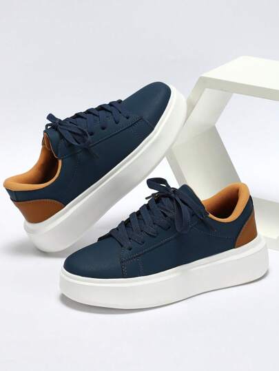 أحذية رياضية كلاسيكية عتيقة بنعل سميك مرتفع باللون الأزرق البحري والبني، مناسبة للمراهقين والجامعات والتزلج على الأرصفة والمشي