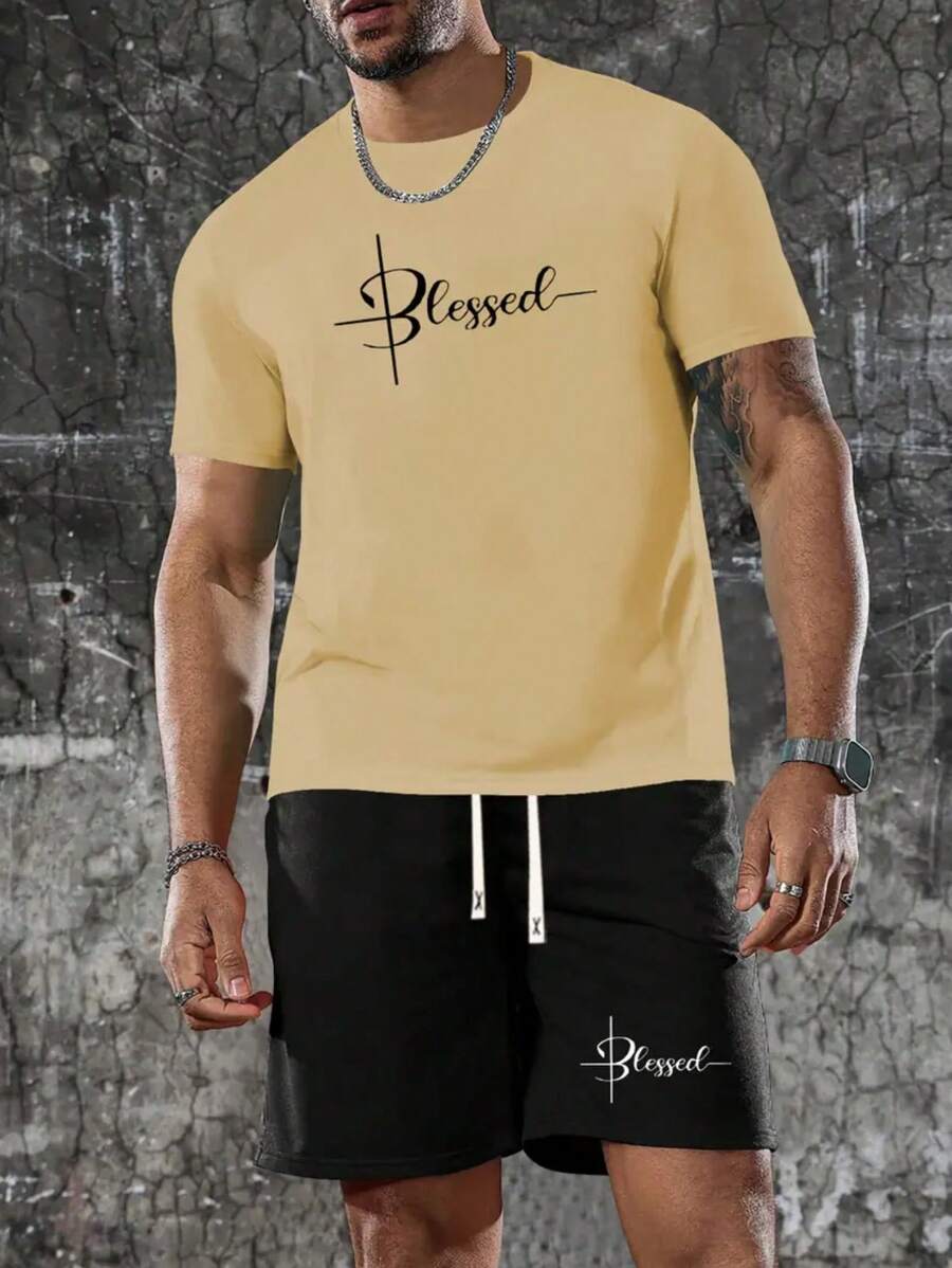 Men's Set Bless Print  By God 100% Cotton T-Shirt + Tactel Shorts Men's Fashion Streetwear 2 Piece Kit - Màu be - Xem 1
